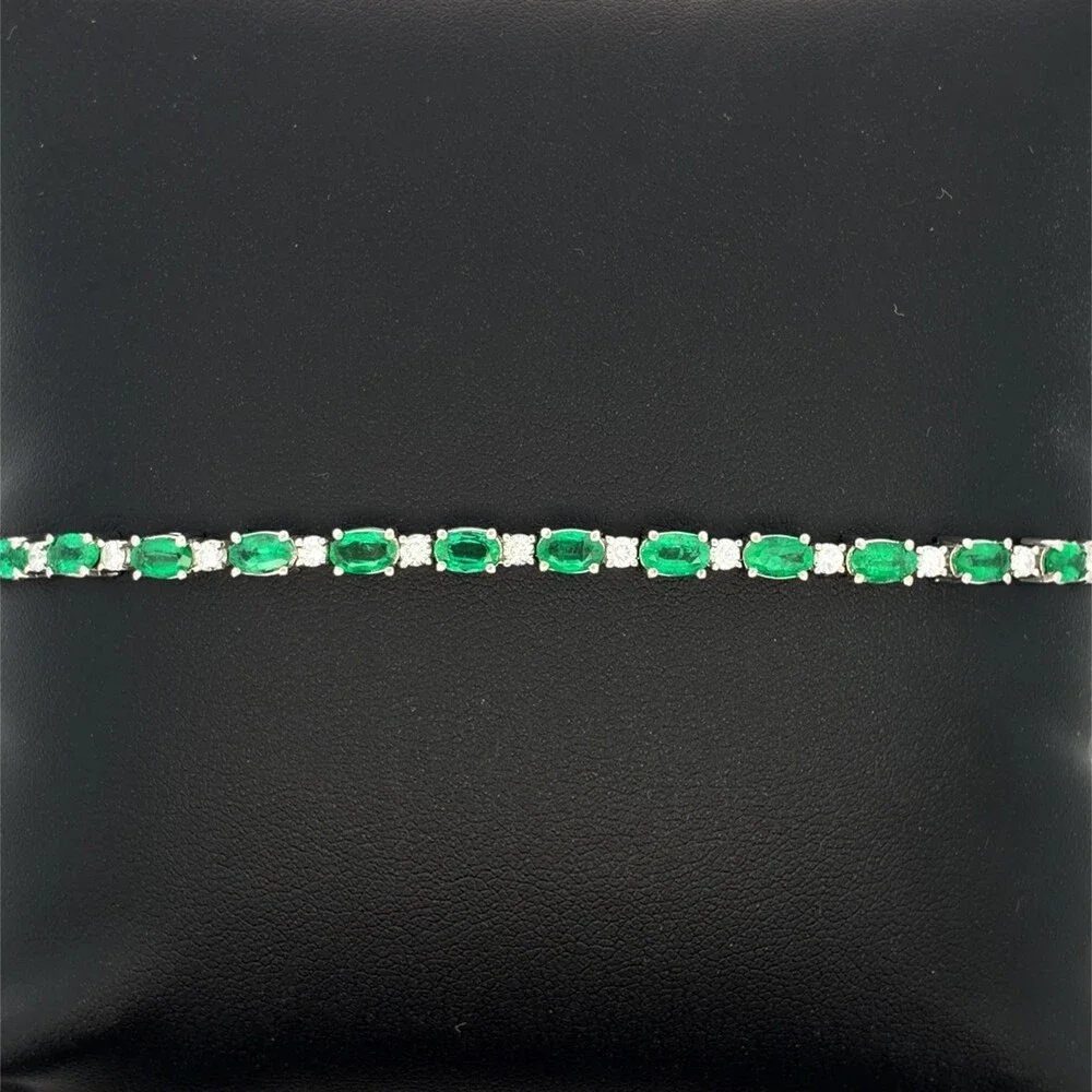 Estate 14K White Gold Oval Emerald Round Diamond Statement Tennis Bracelet